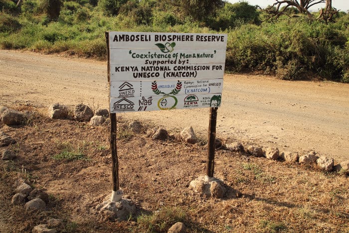 Amboseli Biosphere Reserve sign in southern Kenya