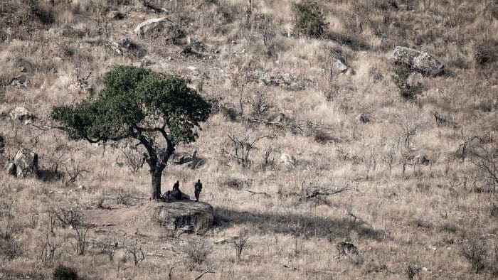 Rhino anti-poaching team resting under a tree in Kruger National Park