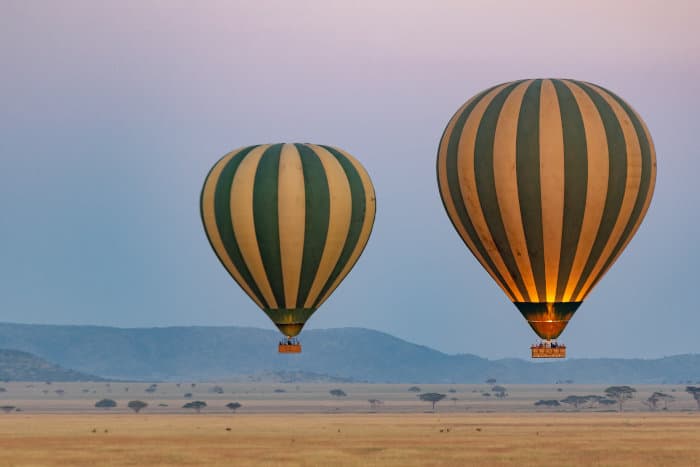 Two hot air balloons over the Serengeti in Tanzania