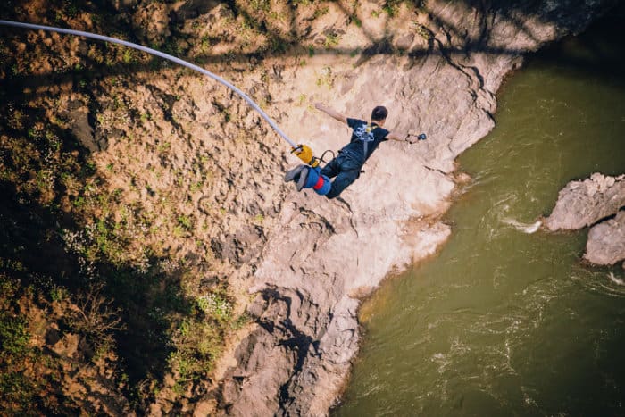 Bungee jump free fall off Victoria Falls Bridge
