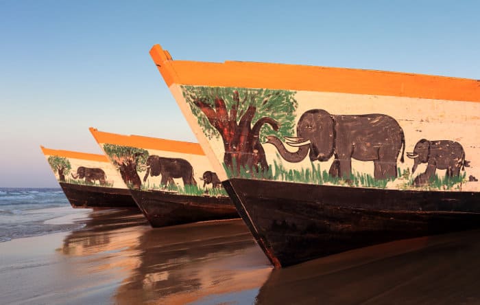 Colourful boats - depicting elephants - at Cape Maclear in Malawi