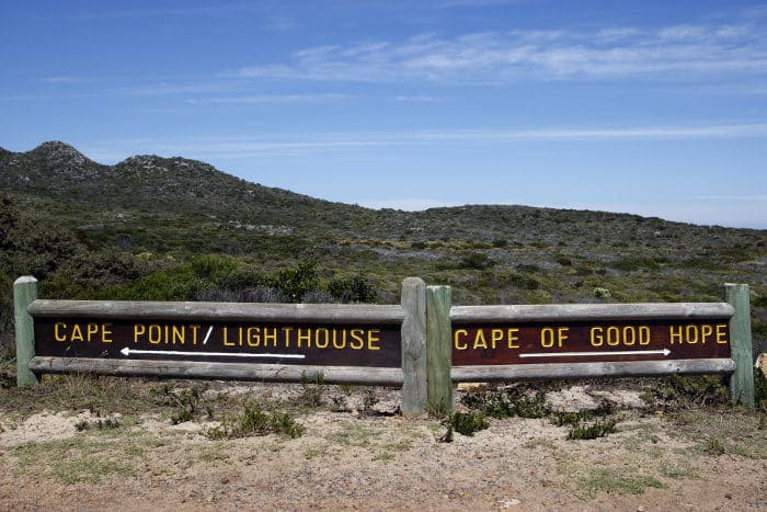 Signpost showing the direction to Cape Point and the Cape of Good Hope
