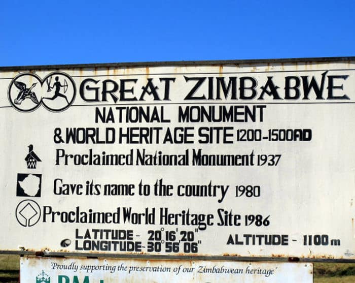 Great Zimbabwe National Monument and World Heritage Site sign