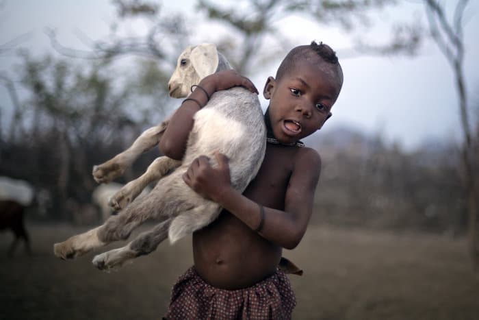 Cute Himba boy posing with a baby goat in his arms