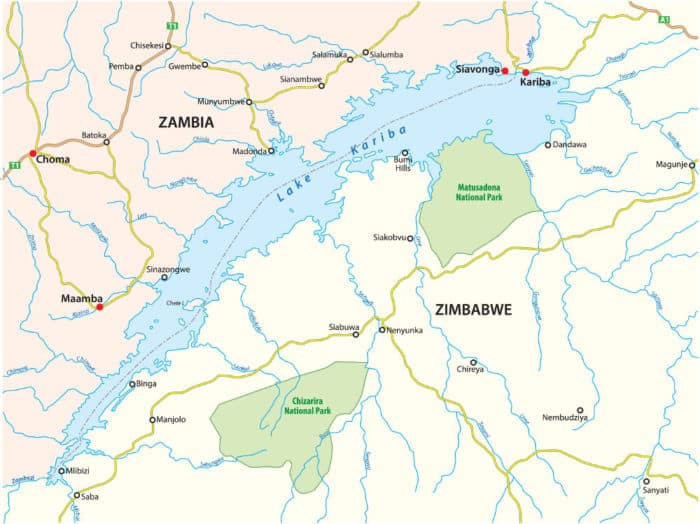 Map of Lake Kariba, bordering Zambia and Zimbabwe