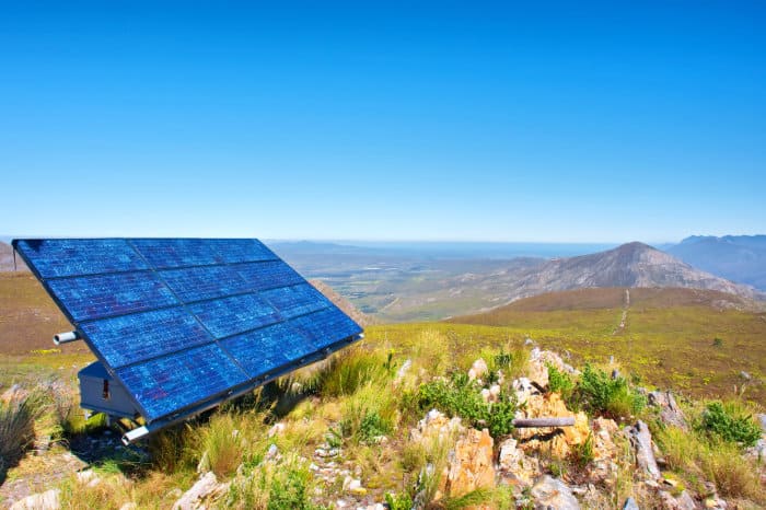 Solar panel against magnificent mountain landscape, Salmonsdam Nature Reserve, near Hermanus