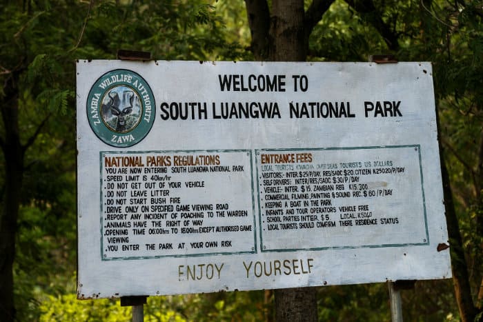 Entrance sign to South Luangwa National Park, Mfuwe area, Zambia