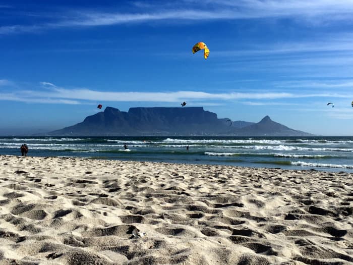 Table Mountain seen from Blouberg beach, a paradise for kitesurfers