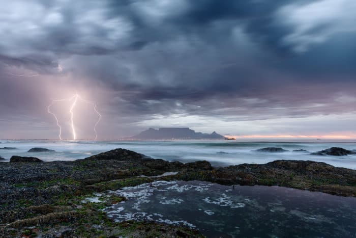 Lightning strikes in Cape Town, right next to Table Mountain