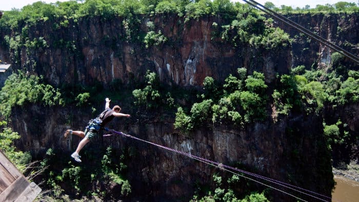 Victoria Falls bungee swing, stepping off the platform feet first