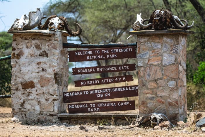 Welcome to the Serengeti National Park - entrance gate area signs